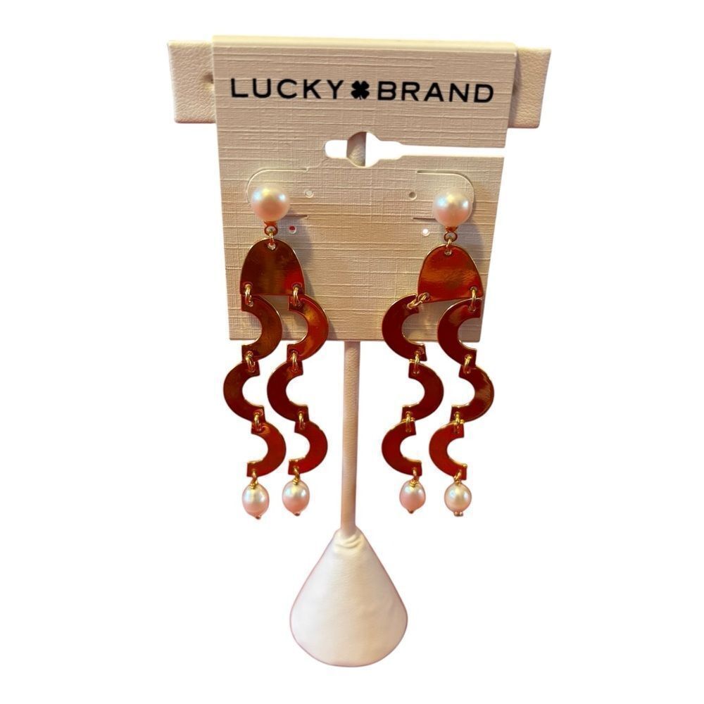 Modern Gold Tone Wave Drop Earrings w/Freshwater Pearls.